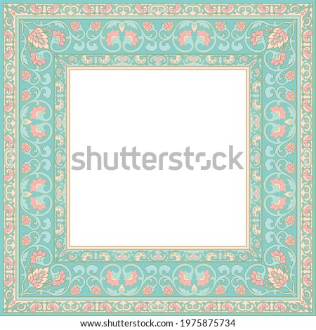 Oriental floral ornament. Turquoise template for frame, card, border. Vector pattern with place for your text, photo or mirror.