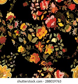 Oriental floral  paisley seamless pattern with black background. 