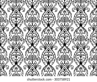Oriental, floral pattern with pomegranates. Vector seamless ornament of ornate elements on a white background.