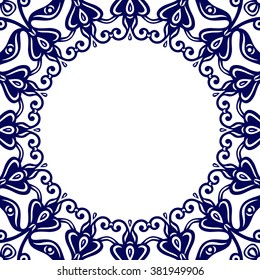 Oriental floral round frame, traditional tile decor, majolica design element, vector illustration