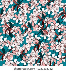 Diseño floral oriental sin fisuras. Textura vectorial interminable dibujada a mano sobre un fondo turquesa para tejidos, ropa de cama y productos textiles de cocina.