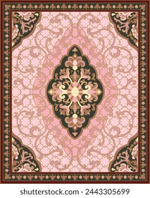 Oriental floral vector carpet design. Vintage pink and dark grey pattern with frame. Ornamental template for textile, rug, tapestry.