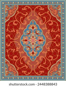 Oriental floral vector carpet design. Vintage red and blue pattern with frame. Ornamental template for textile, rug, tapestry.