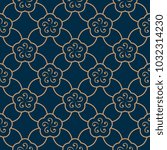 Oriental floral vintage ornament. Simple geometric all over design. Gold linear flowers indigo blue decorative chinoiserie motif. Print block for interior textile, wallpaper, fabric cloth, phone case.