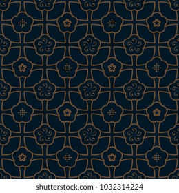 Oriental floral vintage ornament. Simple geometric all over design. Gold flowers on a indigo blue decorative seamless motif. Printing block for interior textile, scrap paper, fabric cloth, phone case.