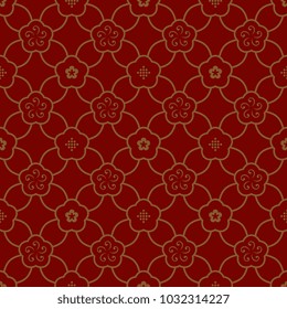 Oriental floral vintage ornament. Simple geometric all over vector design. Gold flowers on ardent red decorative seamless motif. Print block for interior textile, scrap paper, fabric cloth, phone case