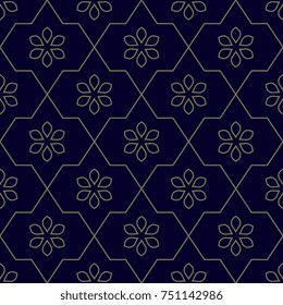 Oriental floral vintage ornament. Simple geometric all over design. Gold flowers on a indigo blue decorative seamless motif. Printing block for interior textile, scrap paper, fabric cloth, phone case.