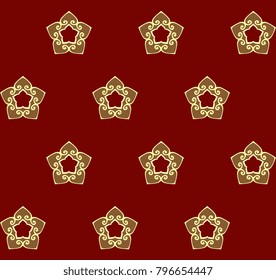 Oriental floral vintage ornament. Simple geometric all over design. Gold flowers on a red decorative seamless motif. Print block for interior textile, wallpaper, dress fabric, phone case, gift wrap.