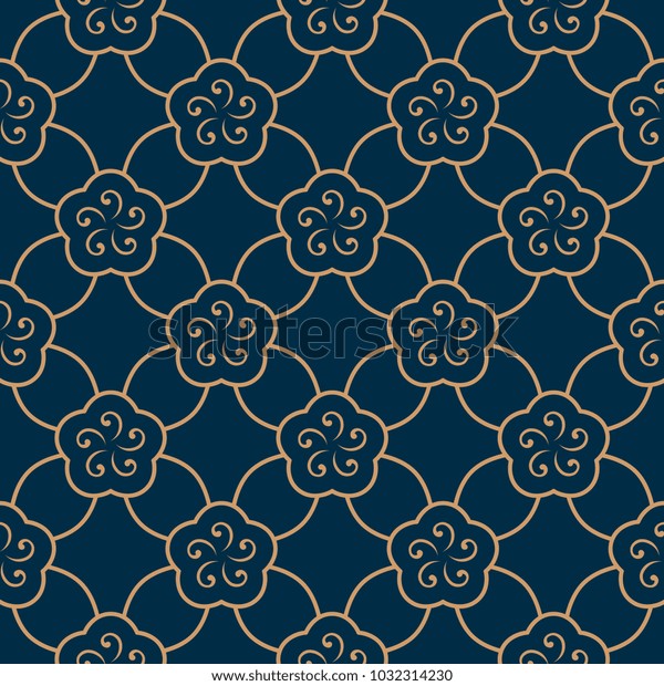Oriental floral vintage ornament. Simple geometric\
all over design. Gold linear flowers indigo blue decorative\
chinoiserie motif. Print block for interior textile, wallpaper,\
fabric cloth, phone\
case.