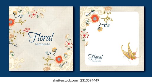 Oriental floral weave pattern background template set with flowers, leaves, twigs, curls, and butterfly