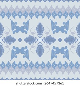 Oriental Flourish Ornamento Abstrato Desvanecimento Linear Cor Azul Prata Cinzento Tradicional Tailandês e Barroco Twist Elegância Intricate Florais Sem Costura Padrão Borda Perfeito para Seda Artesanato Lenço Têxtil