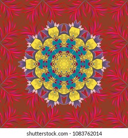 Oriental flourish vector. Indian flower mandala. Anti-stress mandala. Colorful mandala. Yoga logo, background for meditation poster. Decorative colored round ornament.