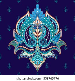 Oriental flower with Indian paisley pattern. Seamless dark background ethnic pattern.