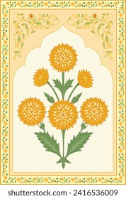 Oriental flower motif. India Mughal motif with vintage flower with arch border design.