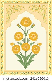 Oriental flower motif. India Mughal motif with vintage flower with arch border design.