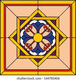 Oriental flower ornament, square frame, geometric composition, vector illustration in stained glass style