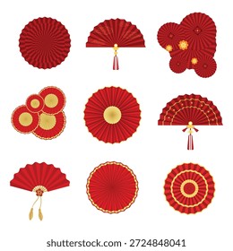 Elementos decorativos de abanico plegable oriental. Conjunto de Vector de ventiladores de papel rojo con patrones de oro para el diseño de fondo de vacaciones de año Nuevo chino