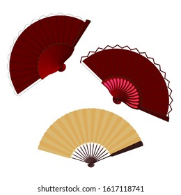 Oriental folding fan set, vector illustration isolated on white background. Decorative hand or handheld fan.