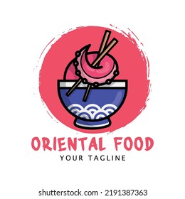 ORIENTAL FOOD CARTOON LOGO WITH OCTOPUS TENTACLE IS HOLDING CHOPSTICKS