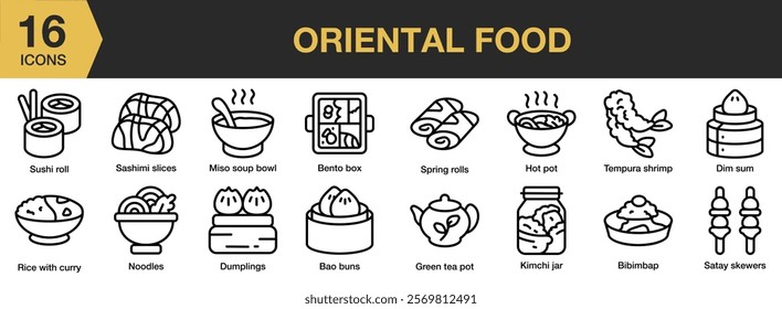 Oriental Food icon set. Includes ood, meal, oriental, dish, asian, cuisine, and More. Outline icons vector collection.