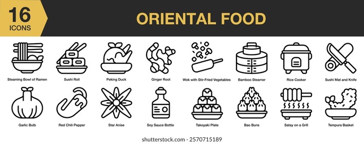 Oriental Food icon set. Includes food, meal, traditional, oriental, cuisine, and More. Outline icons vector collection.