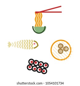 Oriental food icons set. Korean noodles, dim sum, kimbap and fish. Isolated line art style illustration on white background.