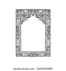 An oriental frame with a decorative edge. Hand drawn in black and white as a vector.