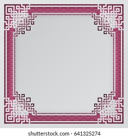 Oriental frame on pink pattern background for chinese new year greeting card, poster or banner, paper cut out style. Vector illustration, layers are isolated