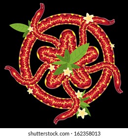 Oriental frangipani and snake ornament vector illustration