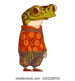 Oriental Frog, isolated vector illustration. Cute anthropomorphic frog in a traditional oriental outfit. A humanized toad wearing a suit with beautiful ornament. An animal character with a human body