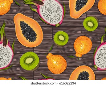 Oriental fruits on a wooden background. SEAMLESS VECTOR PATTERN