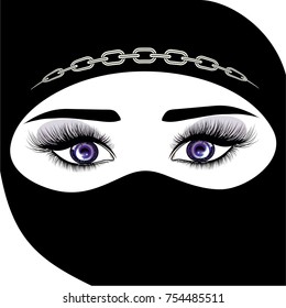 Oriental girl beauty. Close-up portrait of a girl in a hijab. Beautiful expressive eyes. Woman of the East. Vector illustration in a realistic style.