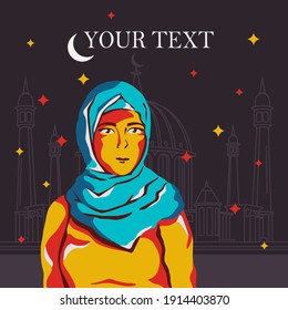 Oriental girl standing in a hijab on the background of a mosque. An illustration for Ramadan, Arab countries, and everything related to Eastern culture.