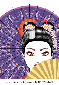 Oriental girl with traditional geisha hairstyle, makeup and decorative fan.