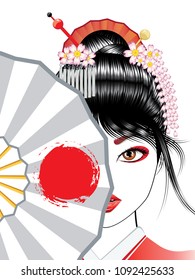 Oriental girl with traditional geisha hairstyle, makeup and decorative fan.