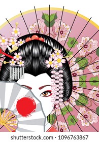 Oriental girl with traditional geisha hairstyle, makeup and decorative fan.