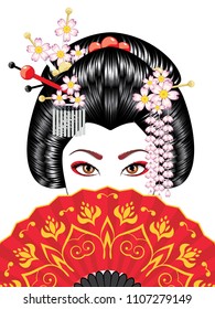 Oriental girl with traditional geisha hairstyle, makeup and decorative fan.