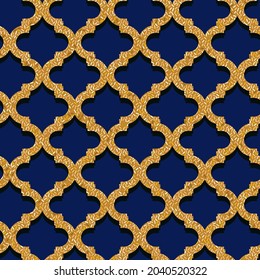 Oriental gold and blue ornament. Seamless Golden textured pattern on indigo background. Simple geometric design. Print block for interior, wallpaper, fabric cloth, wrapping paper. Vector illustration