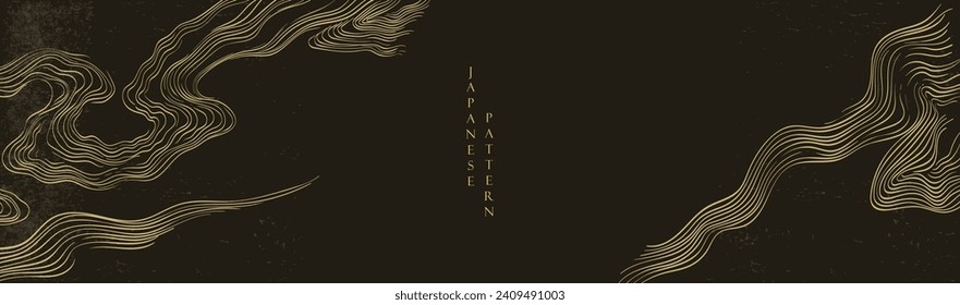 Oriental gold line decoration with black banner design, flyer or presentation in vintage style. Ocean sea elements.Hand drawn line element with Japanese pattern vector. 