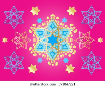 Oriental gold ornamental pattern. Gold festive pattern with stars on crimson color background. Vector Illustration.