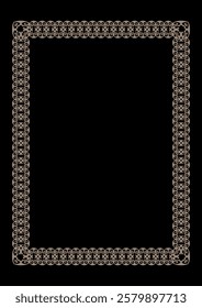 Oriental gold rectangular Vertical frame with arabesques. Floral gold border on black background. A4 format. Elegant element for design in Eastern style. Ornate frame for embroidery, sandblasting