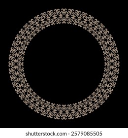 Oriental gold round frame with arabesques on a black background. Ethnic pattern Turk, Mongol, Kyrgyz, Kazakh. For Ceramic, embroidery, border, sandblasting, household utensils, textiles, porcelain
