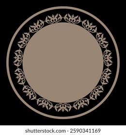 Oriental gold round frame with arabesques and floral motifs. Abstract gold ornament with place for your text. Beautiful round frame arabesque. For round surfaces, utensils, embroidery, porcelain