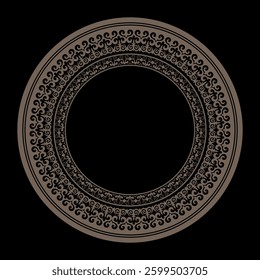 Oriental gold round frame, workpiece for your design on a black background. Ornamental element, motif of Kazakh, Kyrgyz, Uzbek, national Asian decor for plate, textile, print design. Round frame. 
