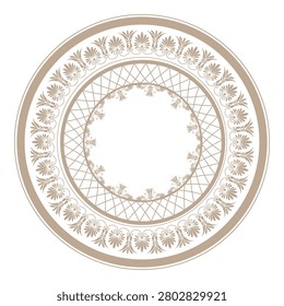 Oriental gold vector round frame with arabesques and floral elements. 
Vintage ethnic frame with greek pattern. Round lace frame. Template for laser cutting. For textile, embroidery, plate, porcelain