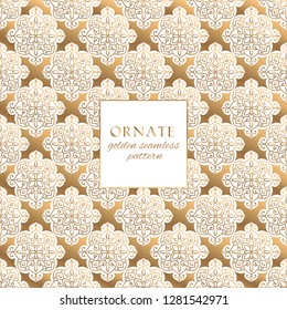 Oriental gold and white ornate vector seamless pattern. Classic ethnic texture with decorative hand drawn elements. Elegant light luxury background for traditional premium design and decor