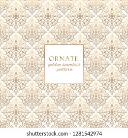 Oriental gold and white ornate vector seamless pattern. Classic ethnic texture with decorative hand drawn elements. Elegant light luxury background for traditional premium design and decor