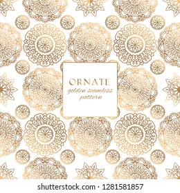 Oriental gold and white ornate vector seamless pattern. Classic ethnic texture with decorative hand drawn elements. Elegant light luxury background for traditional premium design and decor