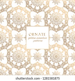 Oriental gold and white ornate vector seamless pattern. Classic ethnic texture with decorative hand drawn elements. Elegant light luxury background for traditional premium design and decor