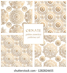 Oriental gold and white ornate vector seamless patterns set. Classic ethnic texture with decorative hand drawn elements. Elegant light luxury backgrounds collection